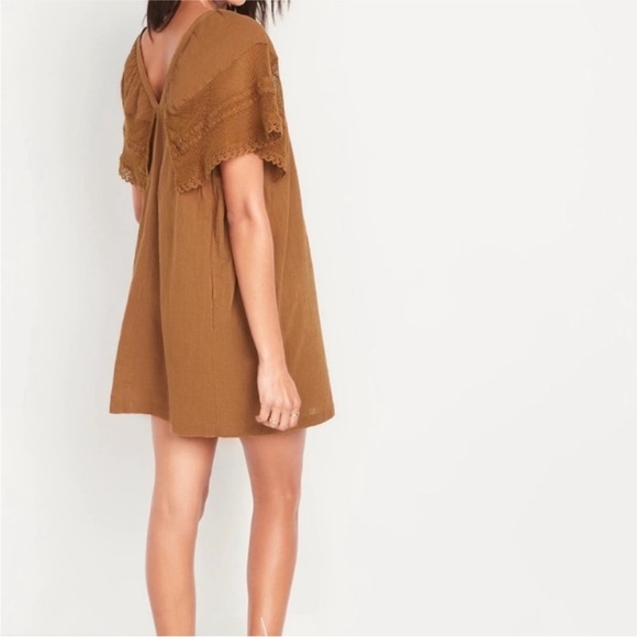 Old Navy Brown Crochet Flutter Sleeve Tie-Back Swing Dress 2X Boho Festival - Picture 2 of 13